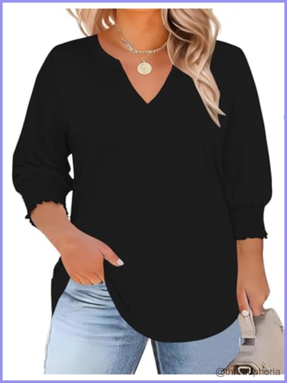 Plus Size 3/4 Sleeve V Neck Smocked Cuff Tunic Top for Women